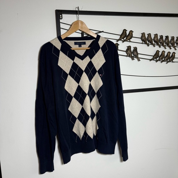 Tommy Hilfiger Mens Navy Beige Argyle V Neck Sweater 100% Cotton Size L - Picture 2 of 7